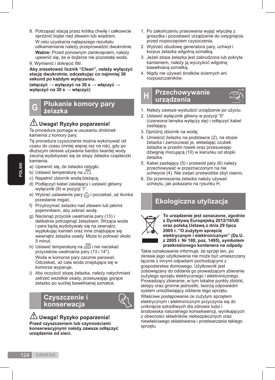 Przechowywanie urządzenia, Ekologiczna utylizacja, Płukanie komory pary żelazka | Czyszczenie i konserwacja | Siemens TS45359 User Manual | Page 124 / 172