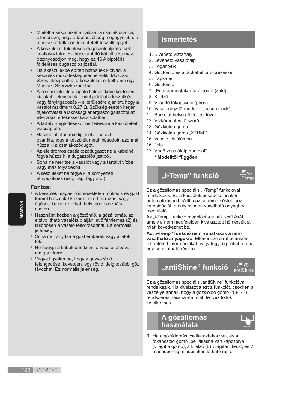 Ismertetés, I-temp” funkció, Antishine” funkció | A gőzállomás használata | Siemens TS45359 User Manual | Page 128 / 172