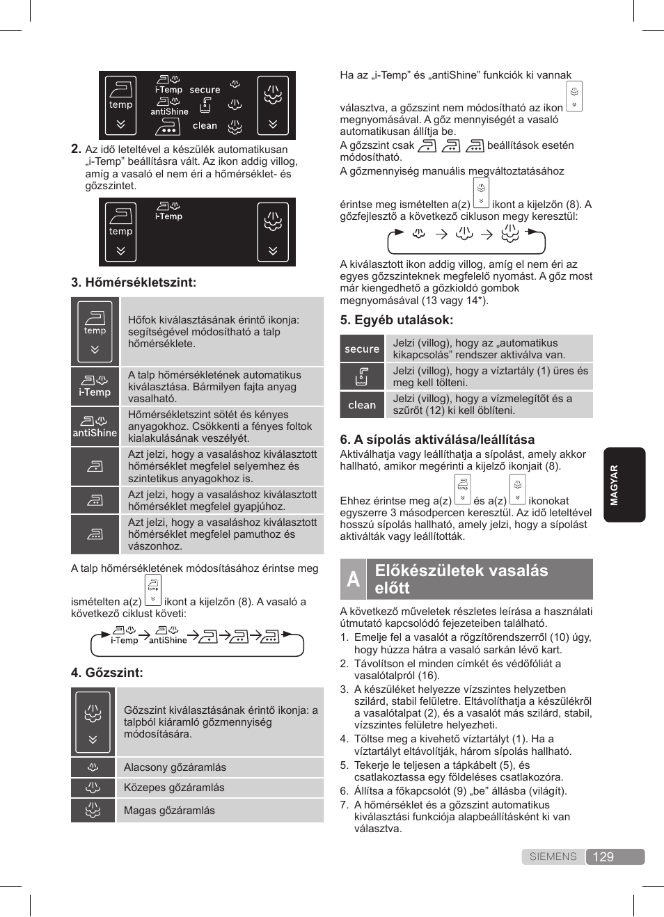 Előkészületek vasalás előtt | Siemens TS45359 User Manual | Page 129 / 172