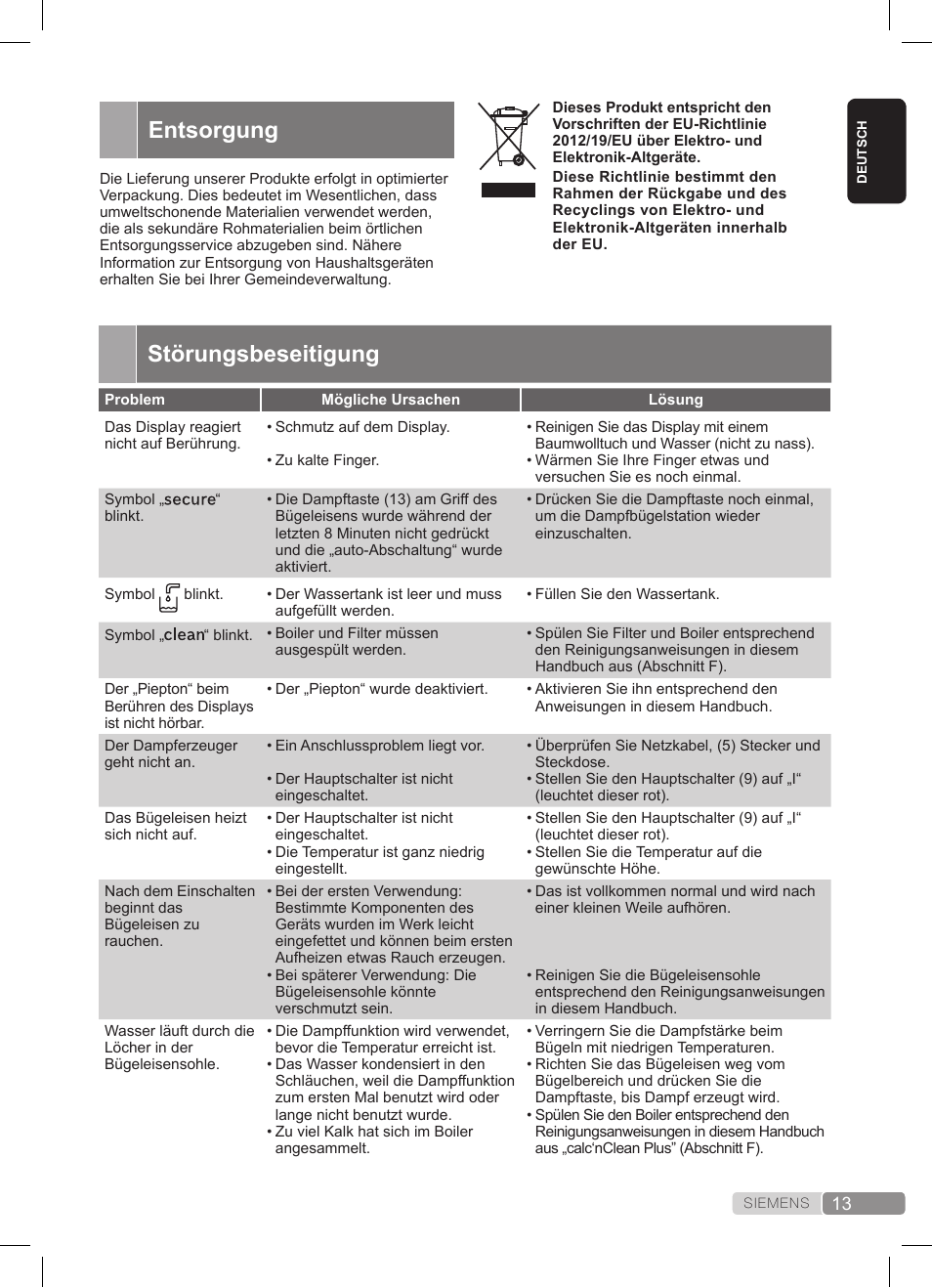 Störungsbeseitigung, Entsorgung | Siemens TS45359 User Manual | Page 13 / 172