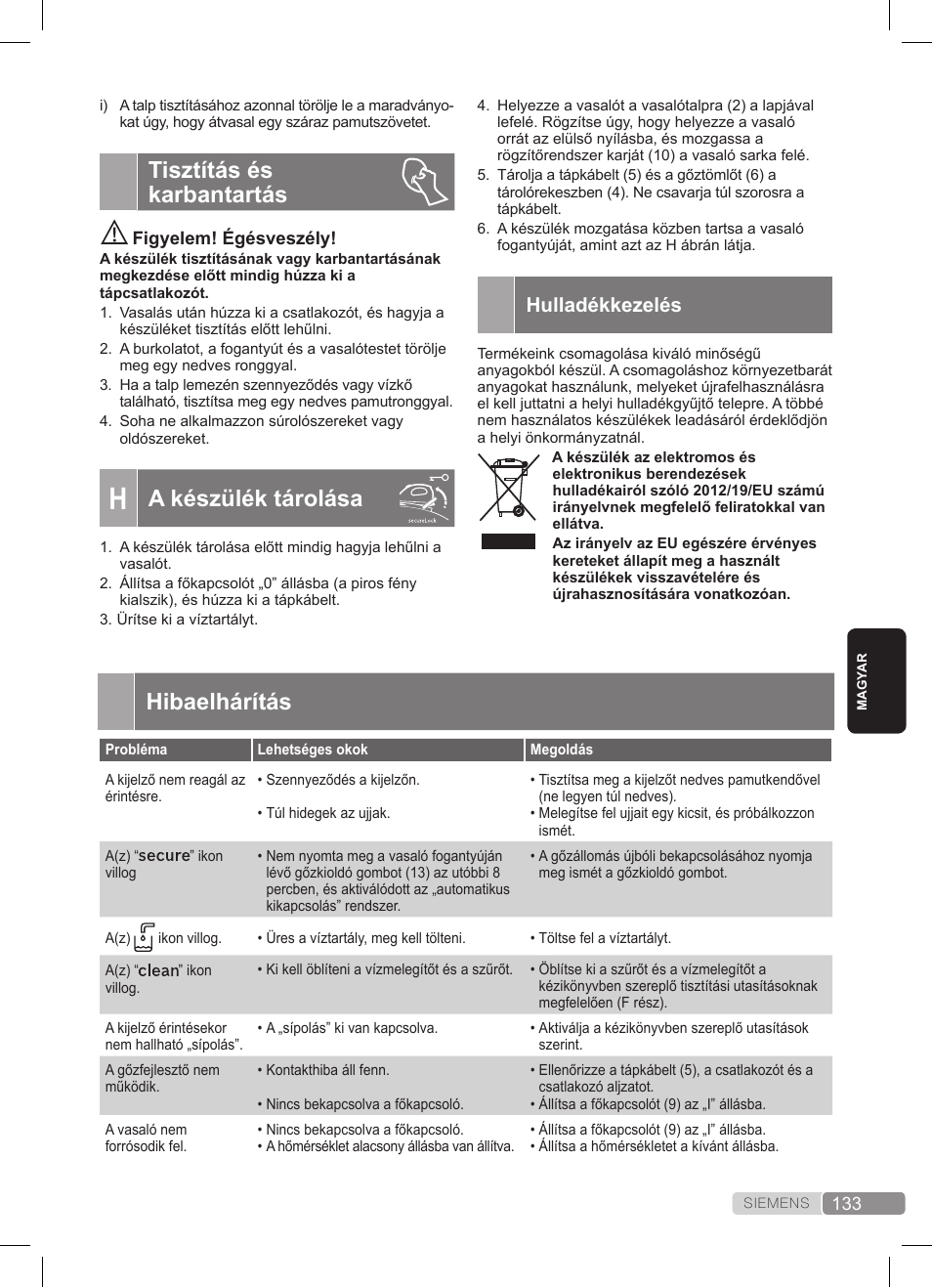 Tisztítás és karbantartás, A készülék tárolása, Hibaelhárítás | Hulladékkezelés | Siemens TS45359 User Manual | Page 133 / 172