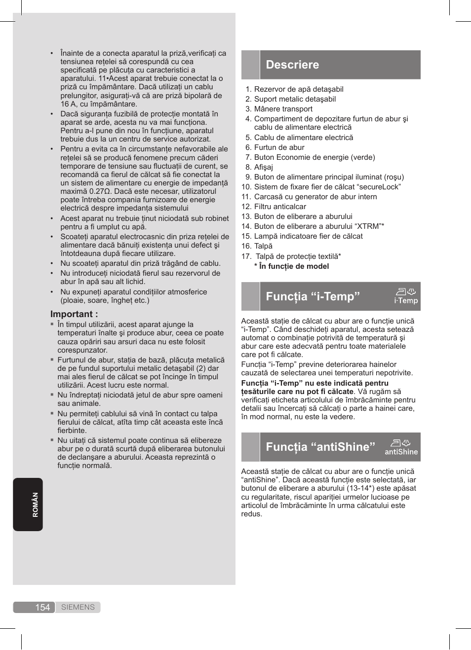 Descriere, Funcţia “i-temp, Funcţia “antishine | Siemens TS45359 User Manual | Page 154 / 172