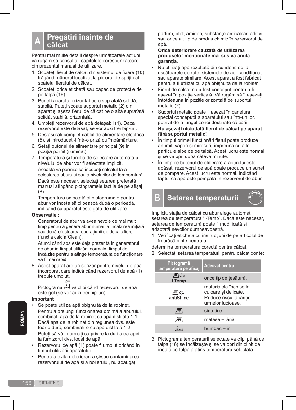 Setarea temperaturii, Pregătiri înainte de călcat | Siemens TS45359 User Manual | Page 156 / 172