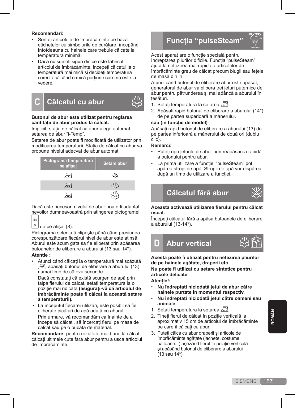 Funcţia “pulsesteam, Călcatul fără abur, Abur vertical | Călcatul cu abur | Siemens TS45359 User Manual | Page 157 / 172