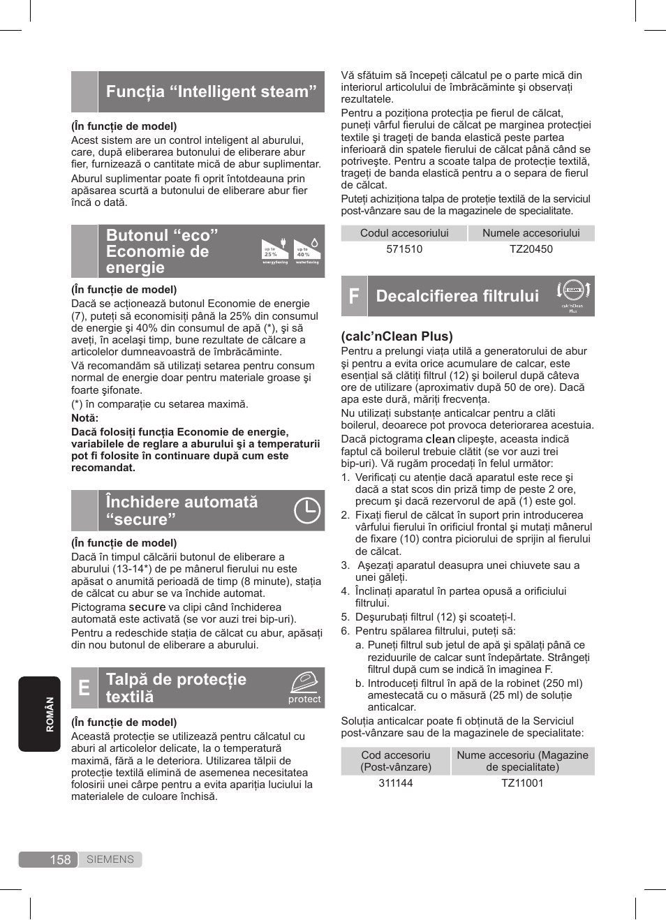 Decalcifierea filtrului, Funcţia “intelligent steam, Butonul “eco” economie de energie | Închidere automată “secure, Talpă de protecţie textilă | Siemens TS45359 User Manual | Page 158 / 172