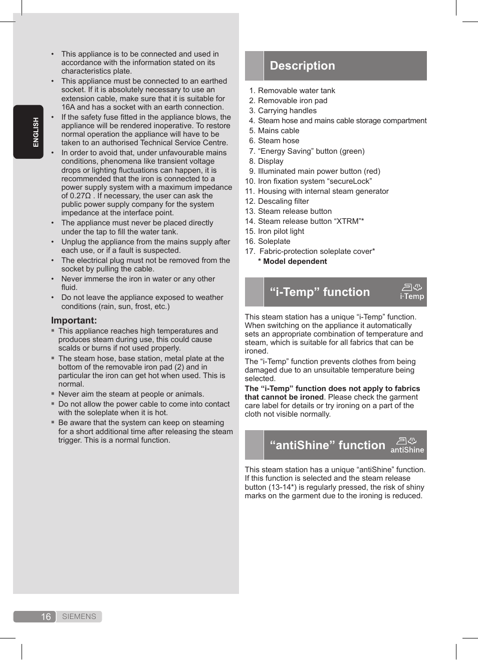 Description, I-temp” function, Antishine” function | Siemens TS45359 User Manual | Page 16 / 172