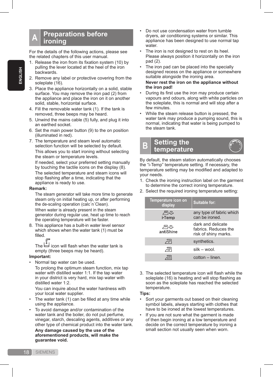 Preparations before ironing, Setting the temperature | Siemens TS45359 User Manual | Page 18 / 172