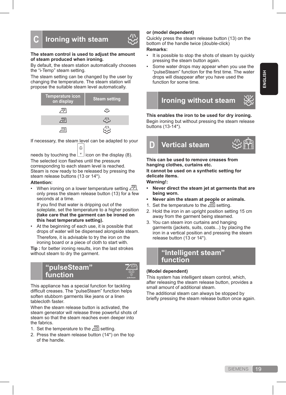 Ironing without steam, Vertical steam, Intelligent steam” function | Ironing with steam, Pulsesteam” function | Siemens TS45359 User Manual | Page 19 / 172