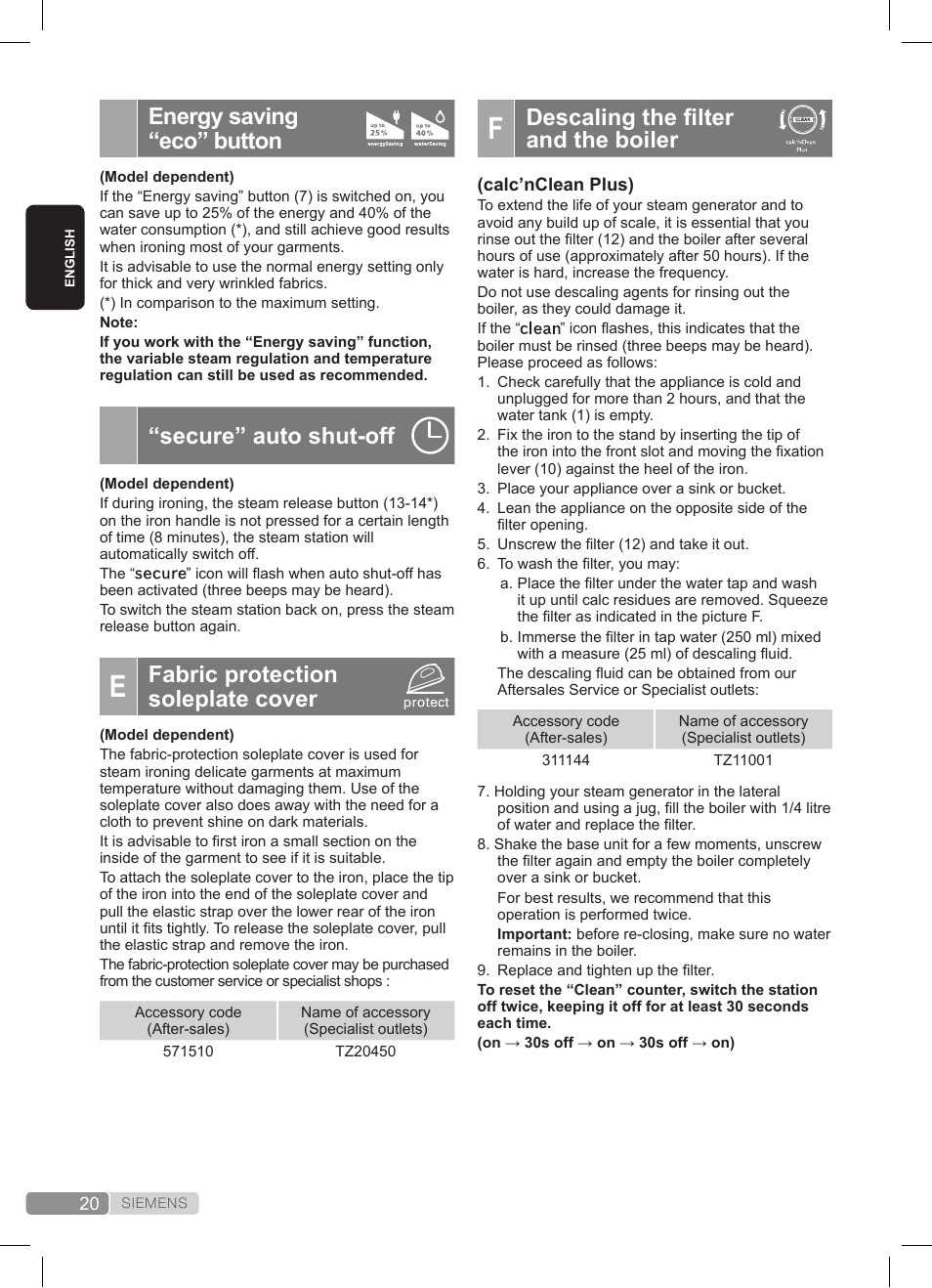 Descaling the filter and the boiler, Energy saving “eco” button, Secure” auto shut-off | Fabric protection soleplate cover | Siemens TS45359 User Manual | Page 20 / 172