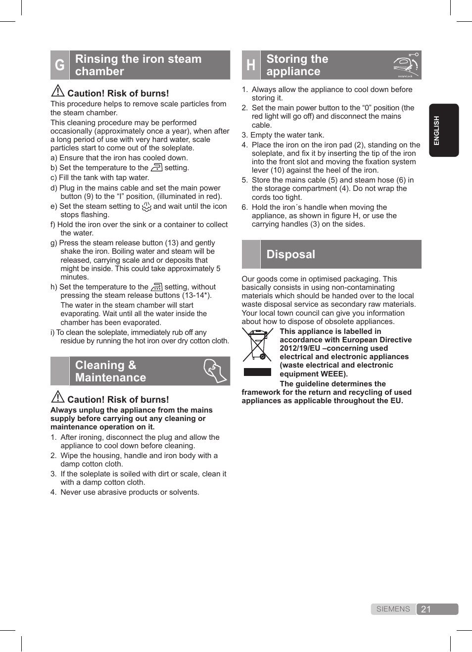 Storing the appliance, Disposal, Rinsing the iron steam chamber | Cleaning & maintenance | Siemens TS45359 User Manual | Page 21 / 172