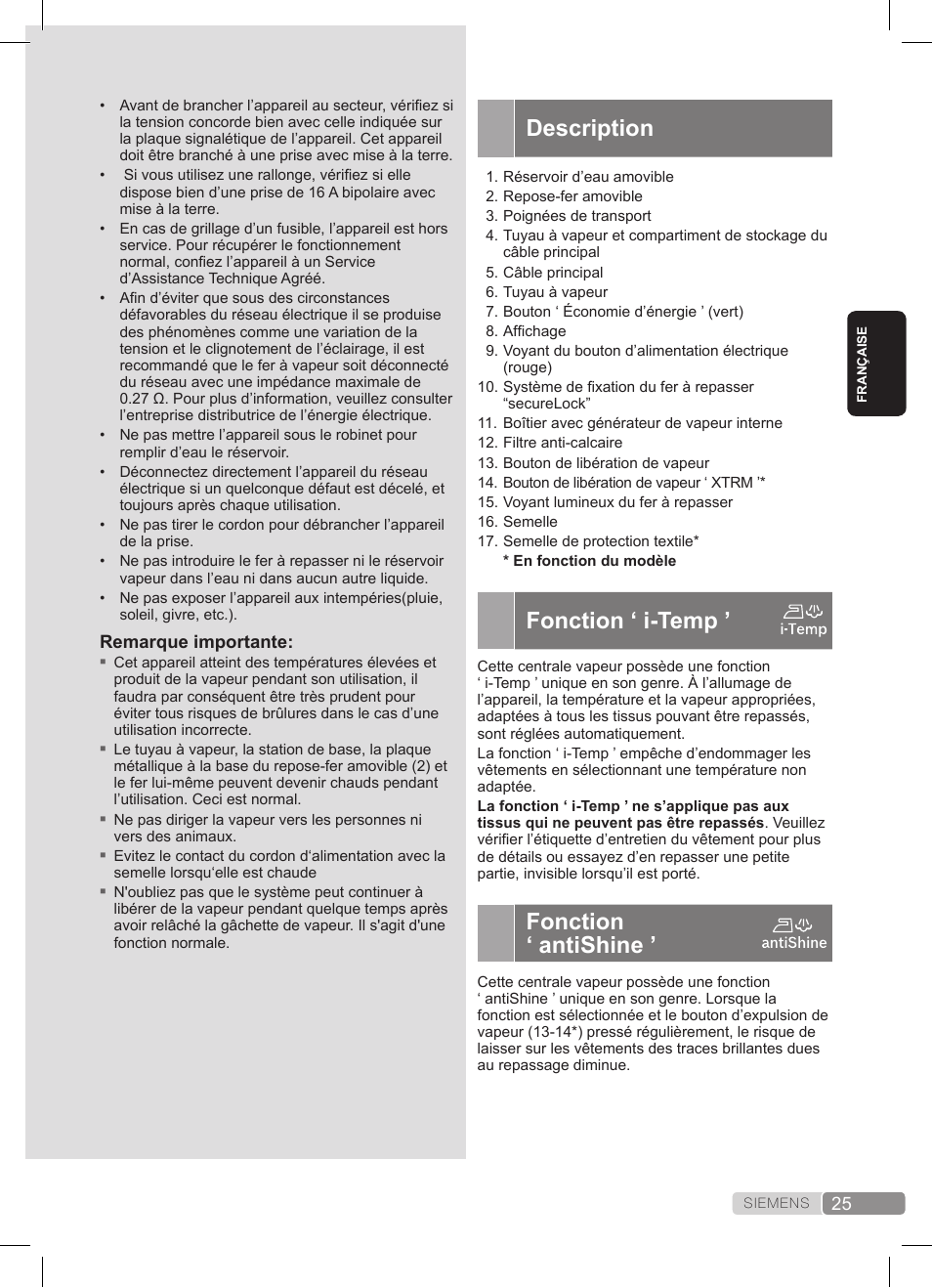 Description, Fonction ‘ i-temp, Fonction ‘ antishine | Siemens TS45359 User Manual | Page 25 / 172