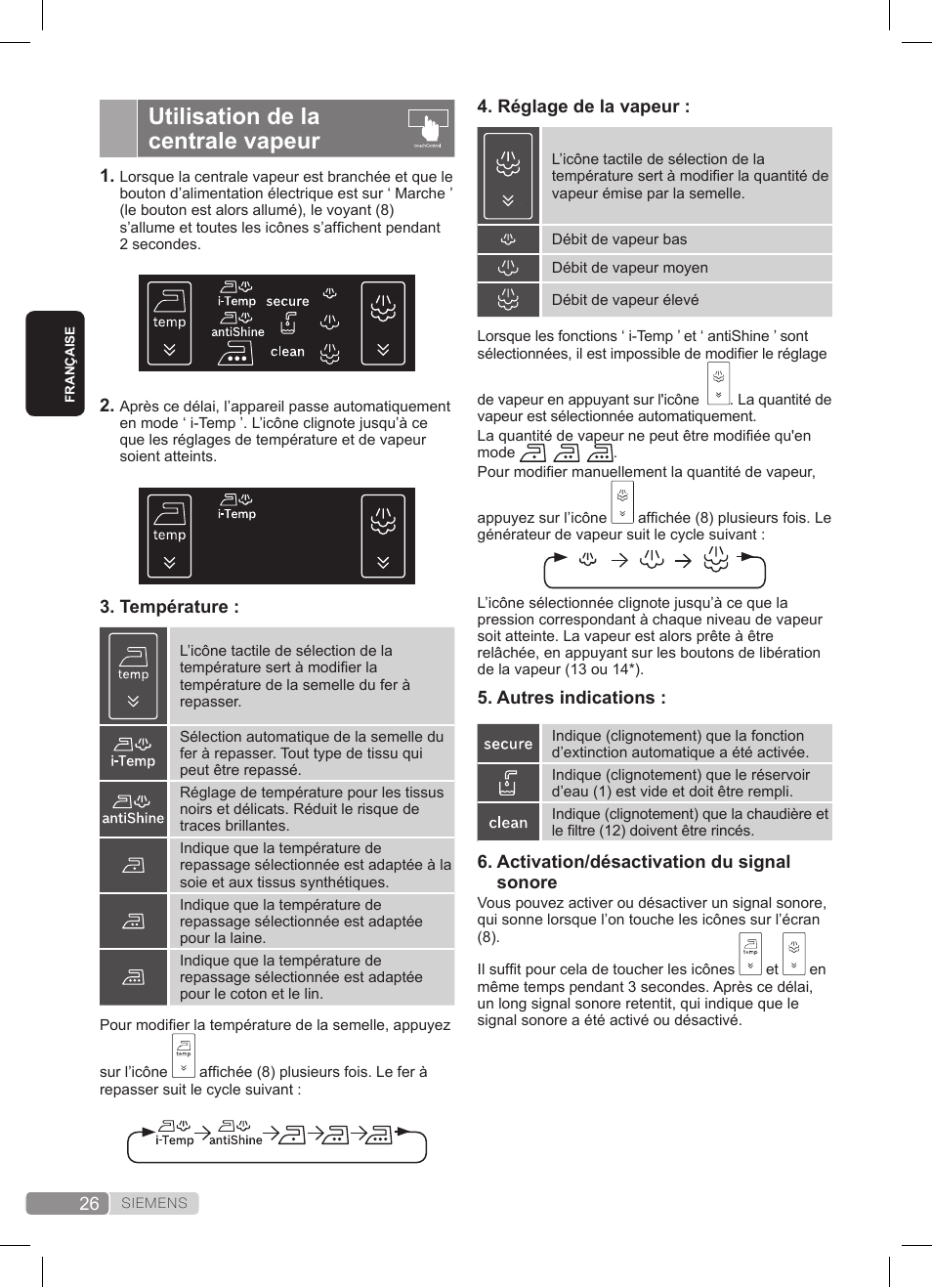 Utilisation de la centrale vapeur | Siemens TS45359 User Manual | Page 26 / 172