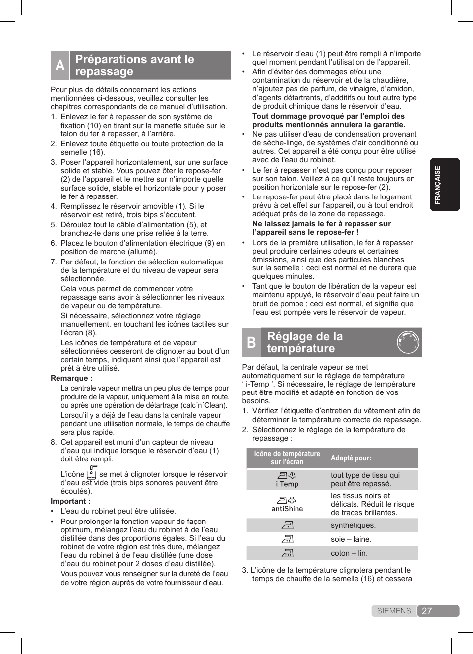 Réglage de la température, Préparations avant le repassage | Siemens TS45359 User Manual | Page 27 / 172