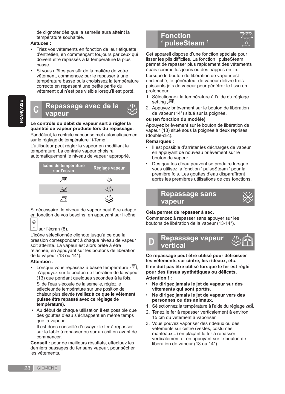 Fonction ‘ pulsesteam, Repassage sans vapeur, Repassage vapeur vertical | Repassage avec de la vapeur | Siemens TS45359 User Manual | Page 28 / 172