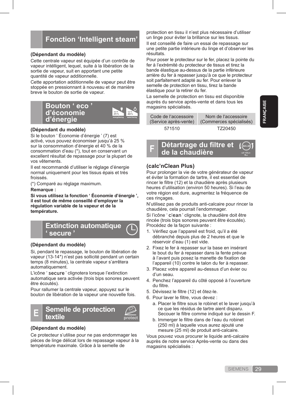 Détartrage du filtre et de la chaudière, Fonction ‘intelligent steam, Bouton ‘ eco ’ d’économie d’énergie | Extinction automatique ‘ secure, Semelle de protection textile | Siemens TS45359 User Manual | Page 29 / 172