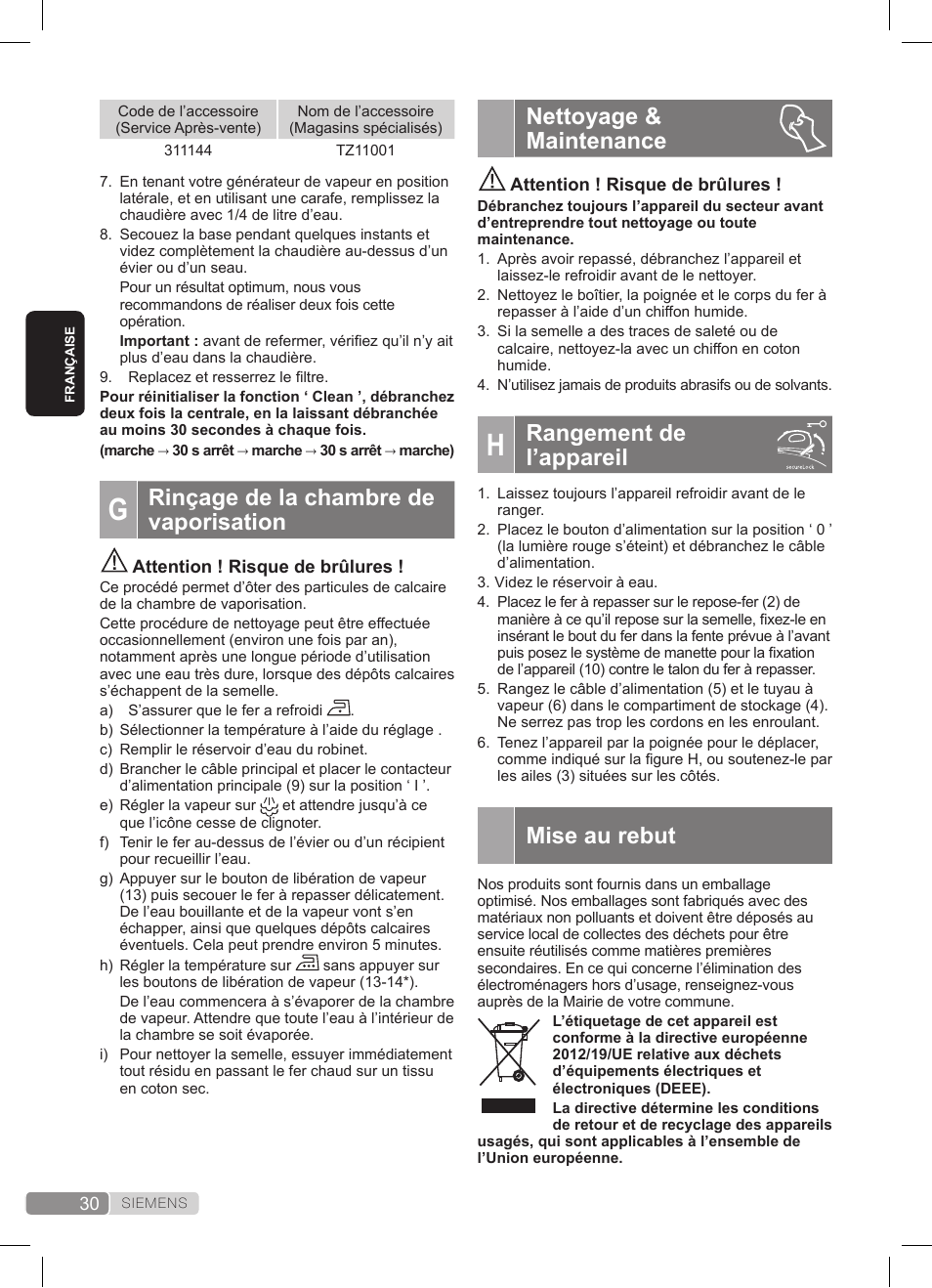 Nettoyage & maintenance, Rangement de l’appareil, Mise au rebut | Rinçage de la chambre de vaporisation | Siemens TS45359 User Manual | Page 30 / 172