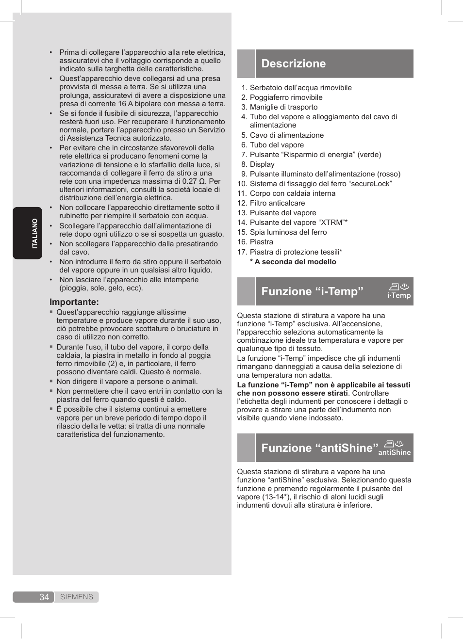 Descrizione, Funzione “i-temp, Funzione “antishine | Siemens TS45359 User Manual | Page 34 / 172