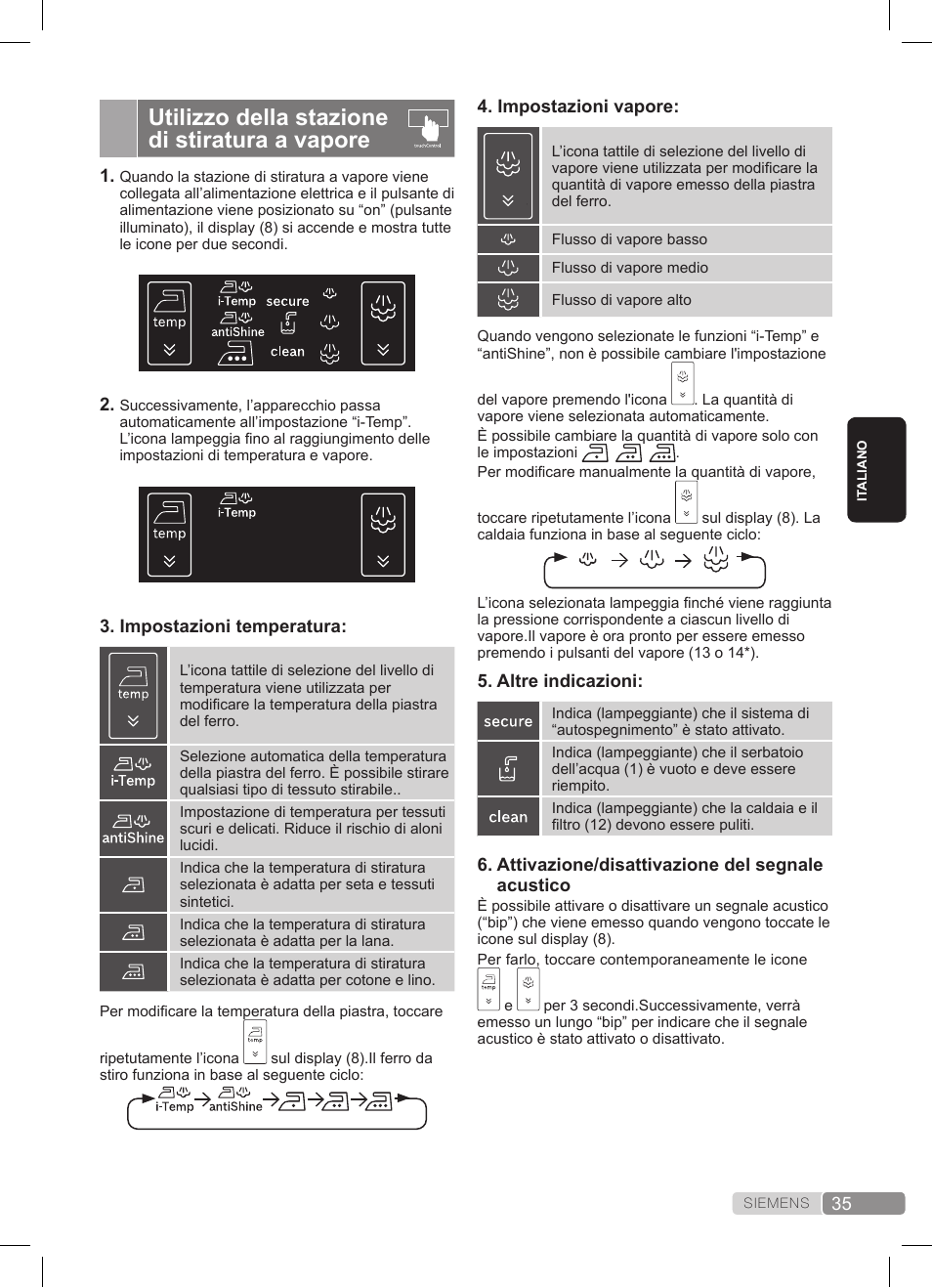 Utilizzo della stazione di stiratura a vapore | Siemens TS45359 User Manual | Page 35 / 172