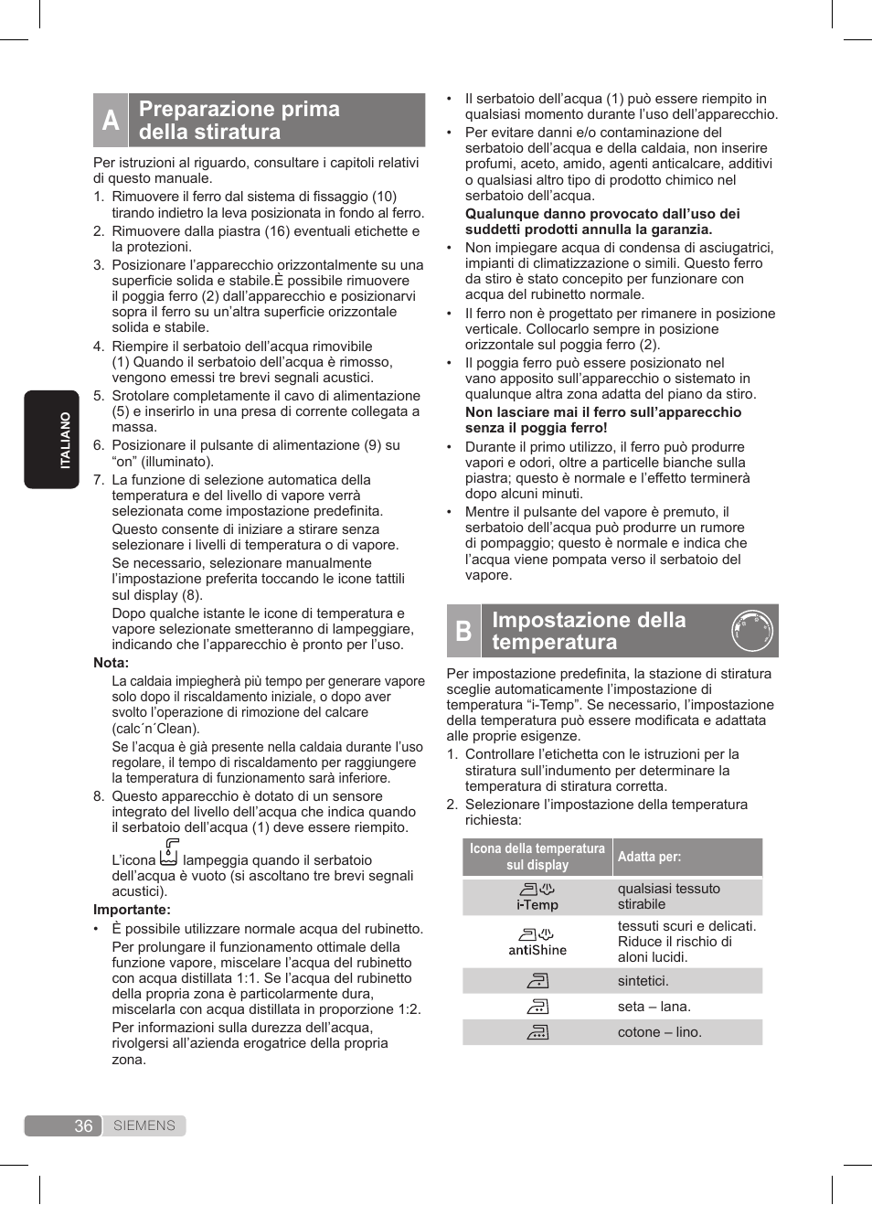 Impostazione della temperatura, Preparazione prima della stiratura | Siemens TS45359 User Manual | Page 36 / 172