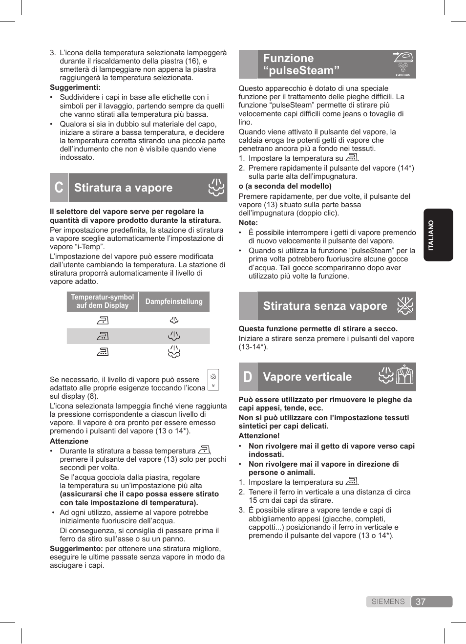 Funzione “pulsesteam, Stiratura senza vapore, Vapore verticale | Stiratura a vapore | Siemens TS45359 User Manual | Page 37 / 172