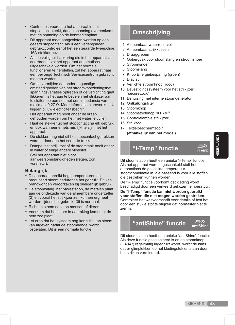 Omschrijving, I-temp” functie, Antishine” functie | Siemens TS45359 User Manual | Page 43 / 172