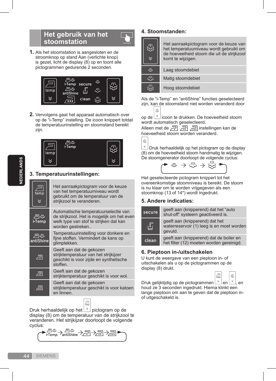 Het gebruik van het stoomstation | Siemens TS45359 User Manual | Page 44 / 172