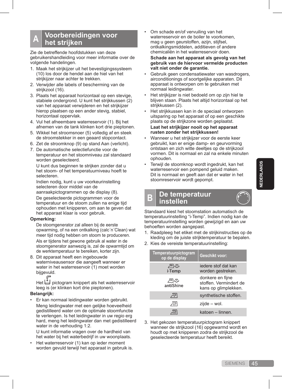 De temperatuur instellen, Voorbereidingen voor het strijken | Siemens TS45359 User Manual | Page 45 / 172