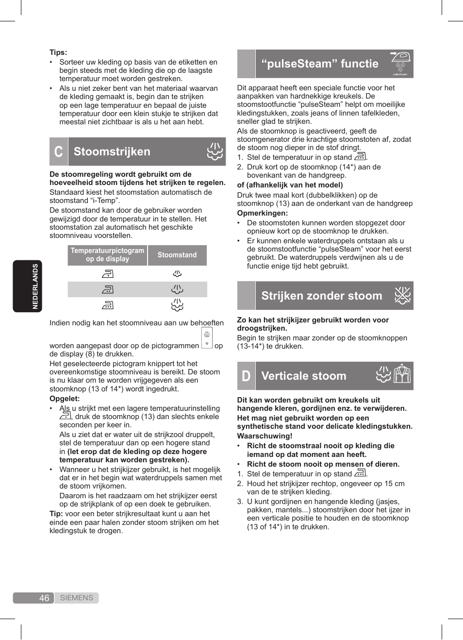 Pulsesteam” functie, Strijken zonder stoom, Verticale stoom | Stoomstrijken | Siemens TS45359 User Manual | Page 46 / 172