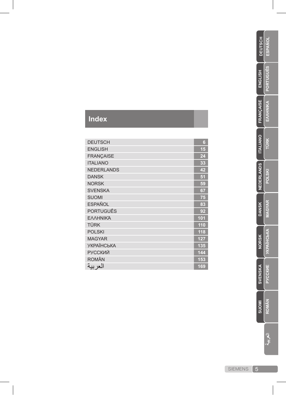 Index, ةيبرعلا | Siemens TS45359 User Manual | Page 5 / 172