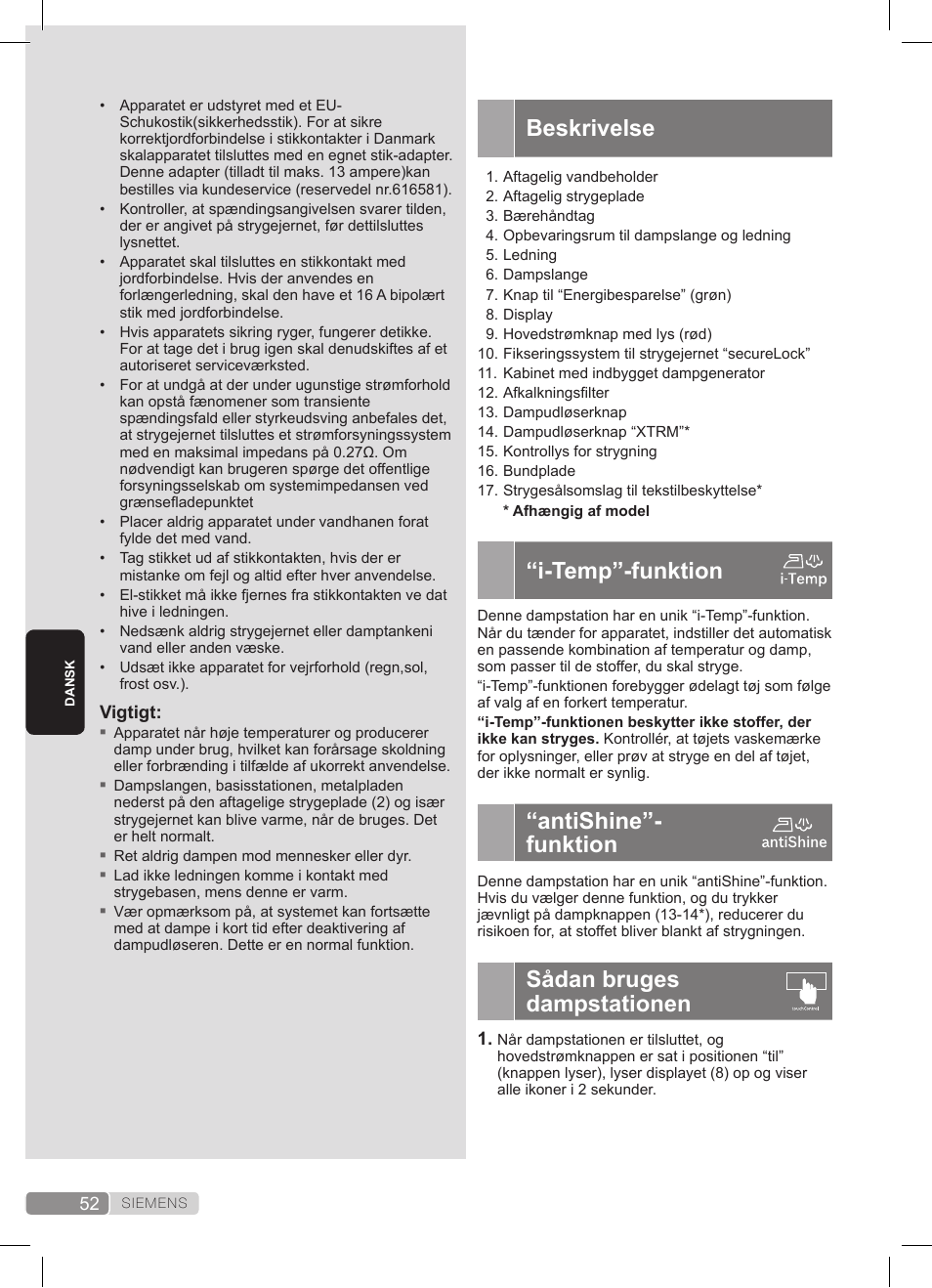 Beskrivelse, I-temp”-funktion, Antishine”- funktion | Sådan bruges dampstationen | Siemens TS45359 User Manual | Page 52 / 172