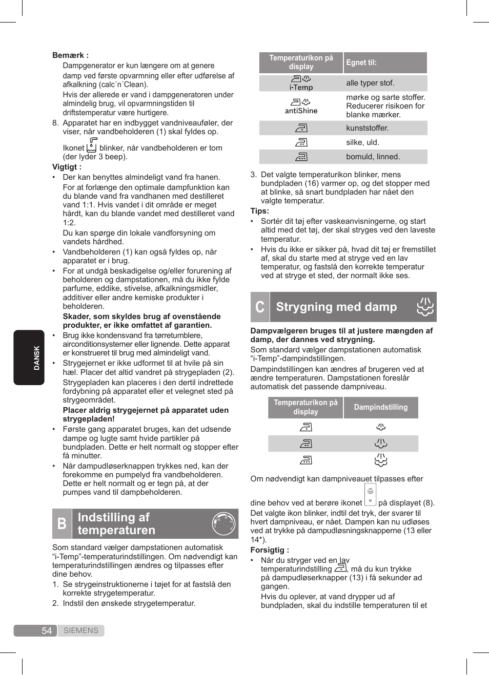 Indstilling af temperaturen, Strygning med damp | Siemens TS45359 User Manual | Page 54 / 172