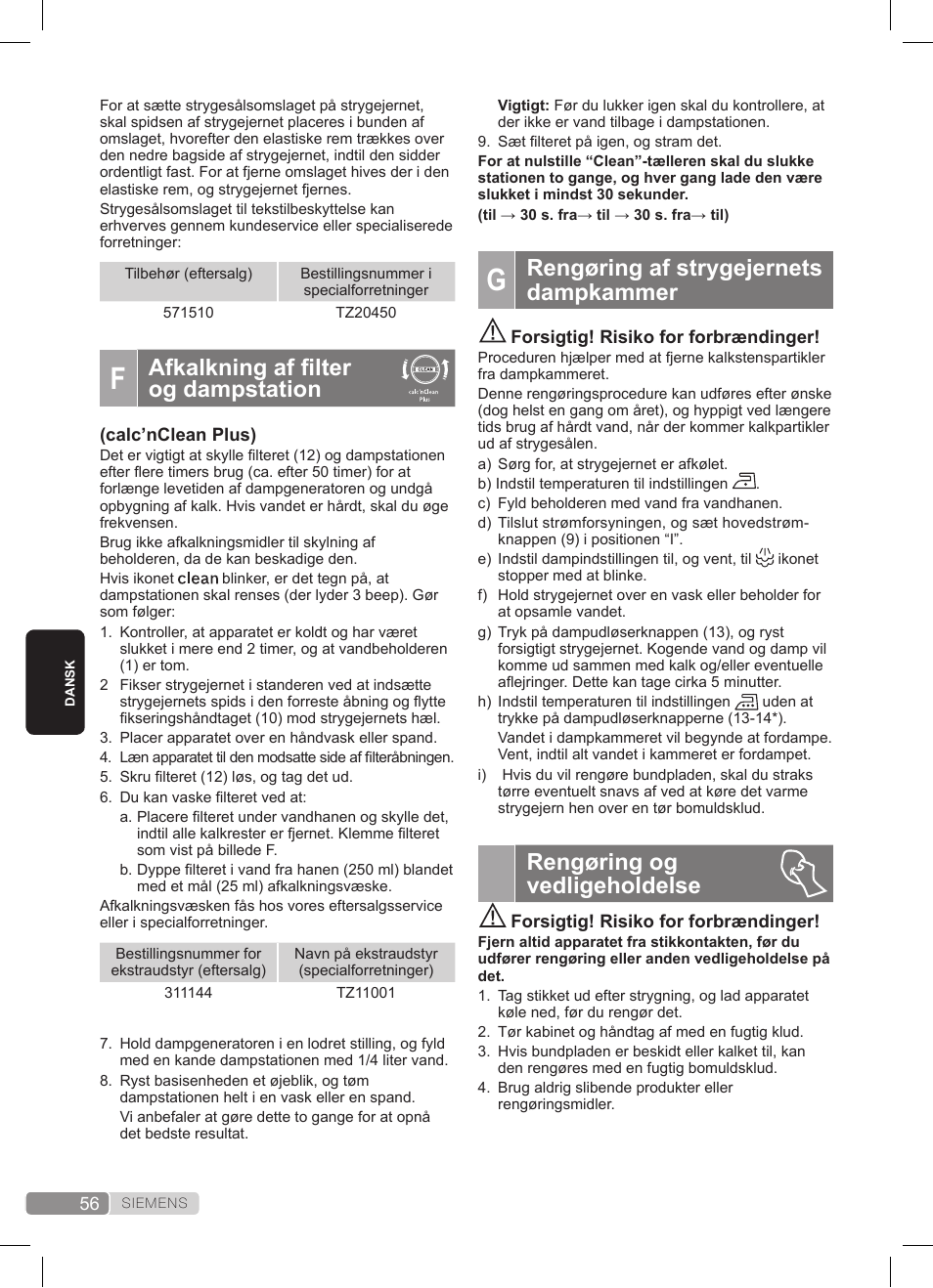 Rengøring af strygejernets dampkammer, Rengøring og vedligeholdelse, Afkalkning af filter og dampstation | Siemens TS45359 User Manual | Page 56 / 172