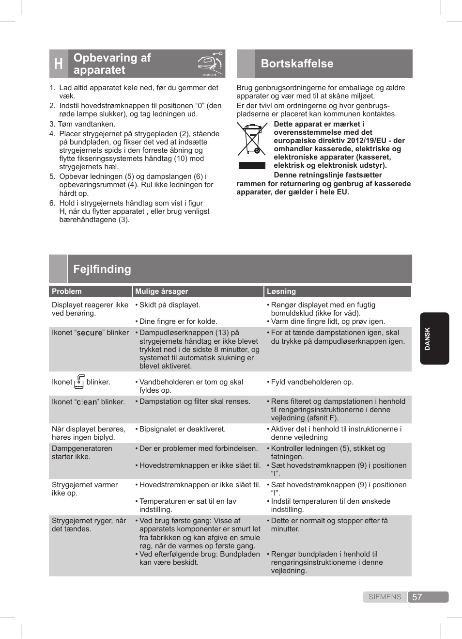 Bortskaffelse, Opbevaring af apparatet, Fejlfinding | Siemens TS45359 User Manual | Page 57 / 172