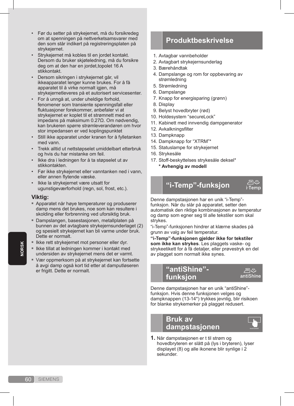 Produktbeskrivelse, I-temp”-funksjon, Antishine”- funksjon | Bruk av dampstasjonen | Siemens TS45359 User Manual | Page 60 / 172