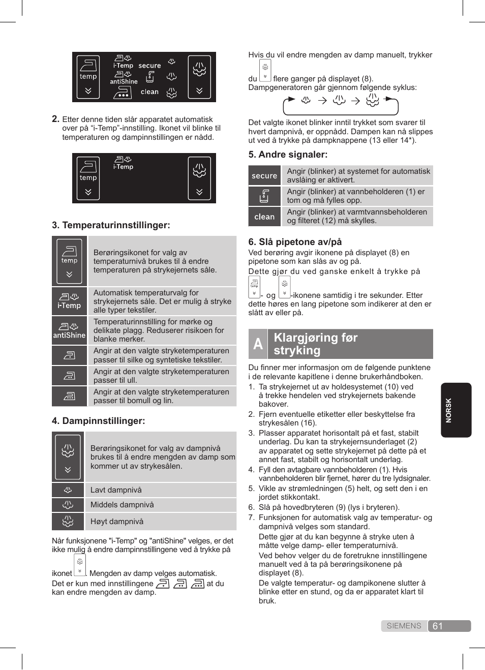 Klargjøring før stryking | Siemens TS45359 User Manual | Page 61 / 172