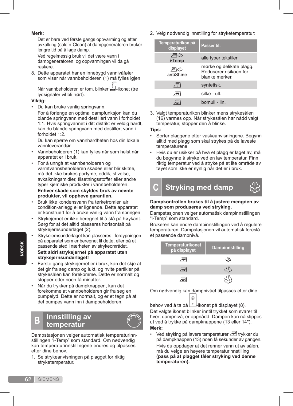 Stryking med damp, Innstilling av temperatur | Siemens TS45359 User Manual | Page 62 / 172