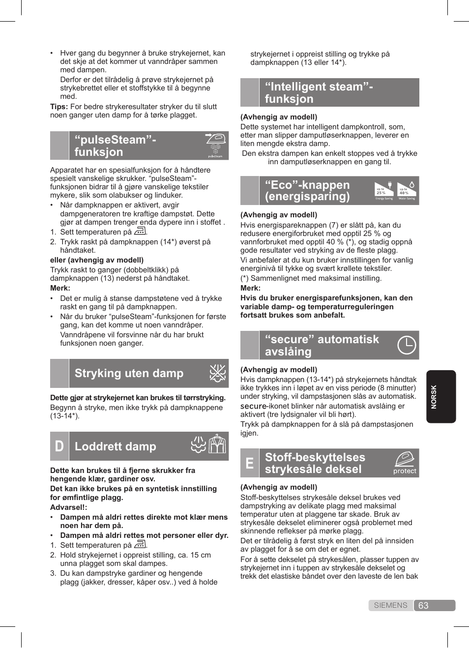 Intelligent steam”- funksjon, Eco”-knappen (energisparing), Secure” automatisk avslåing | Stoff-beskyttelses strykesåle deksel, Pulsesteam”- funksjon, Stryking uten damp, Loddrett damp | Siemens TS45359 User Manual | Page 63 / 172