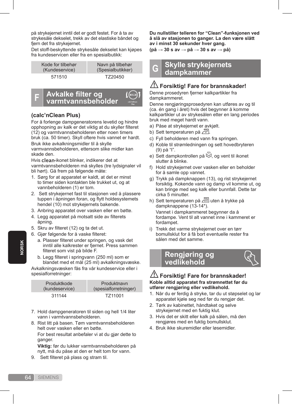 Skylle strykejernets dampkammer, Rengjøring og vedlikehold, Avkalke filter og varmtvannsbeholder | Siemens TS45359 User Manual | Page 64 / 172