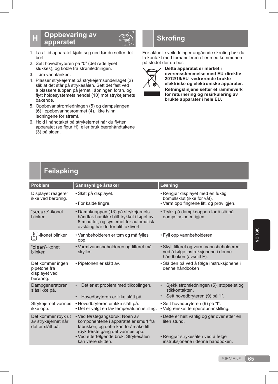 Skrofing, Oppbevaring av apparatet, Feilsøking | Siemens TS45359 User Manual | Page 65 / 172