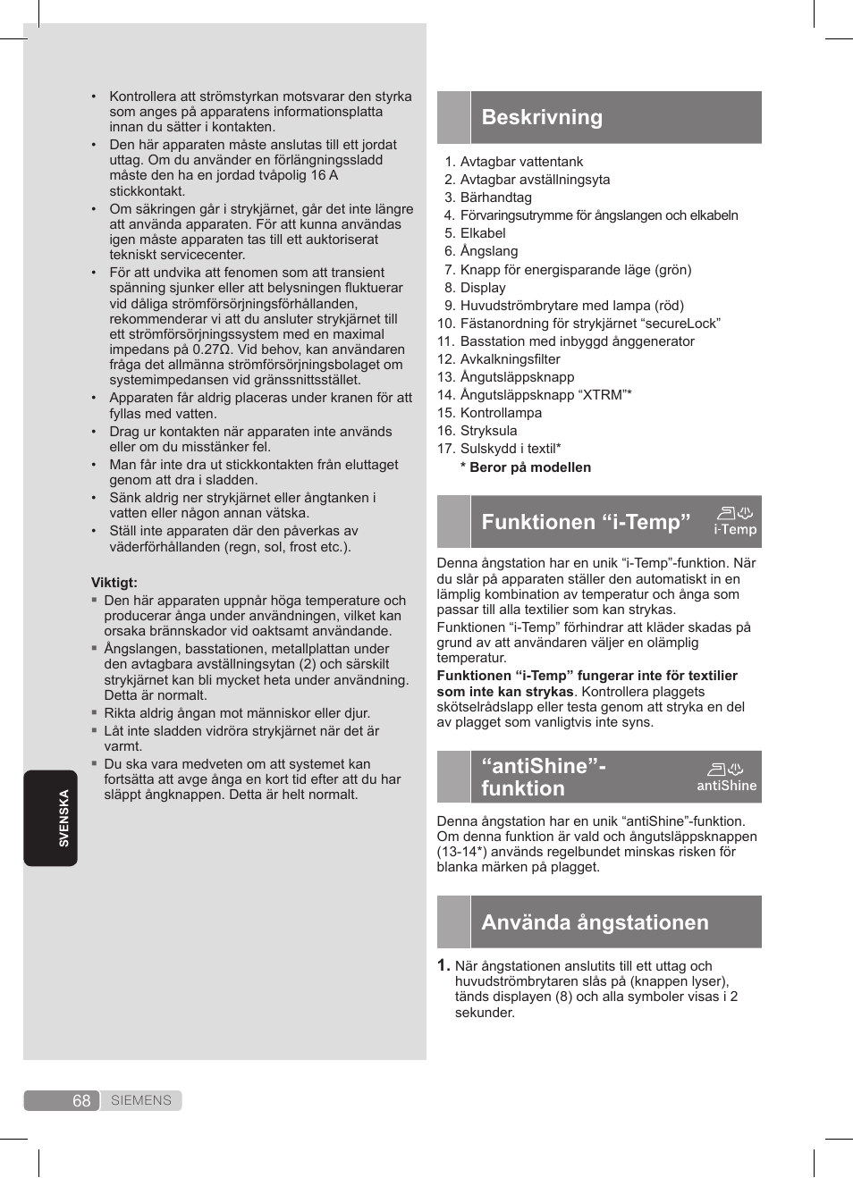 Beskrivning, Funktionen “i-temp, Antishine”- funktion | Använda ångstationen | Siemens TS45359 User Manual | Page 68 / 172