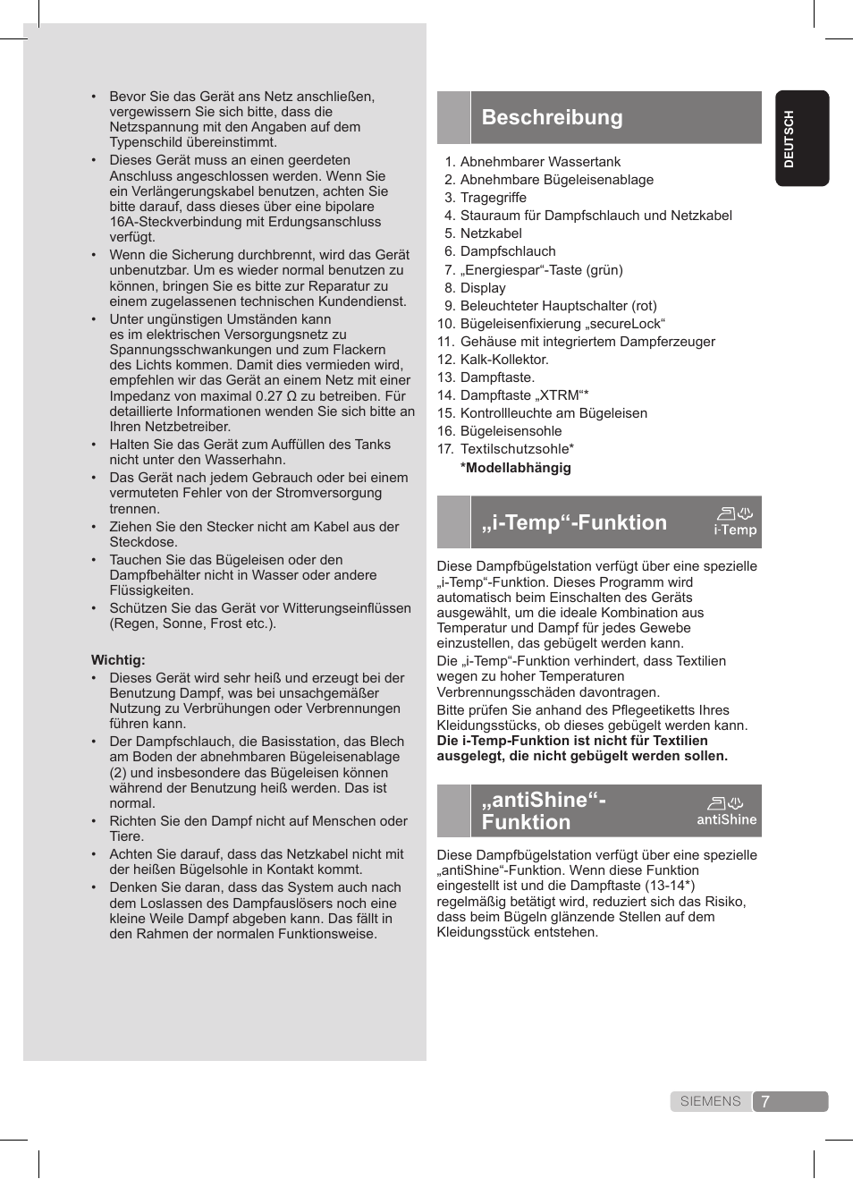 Beschreibung, I-temp“-funktion, Antishine“- funktion | Siemens TS45359 User Manual | Page 7 / 172