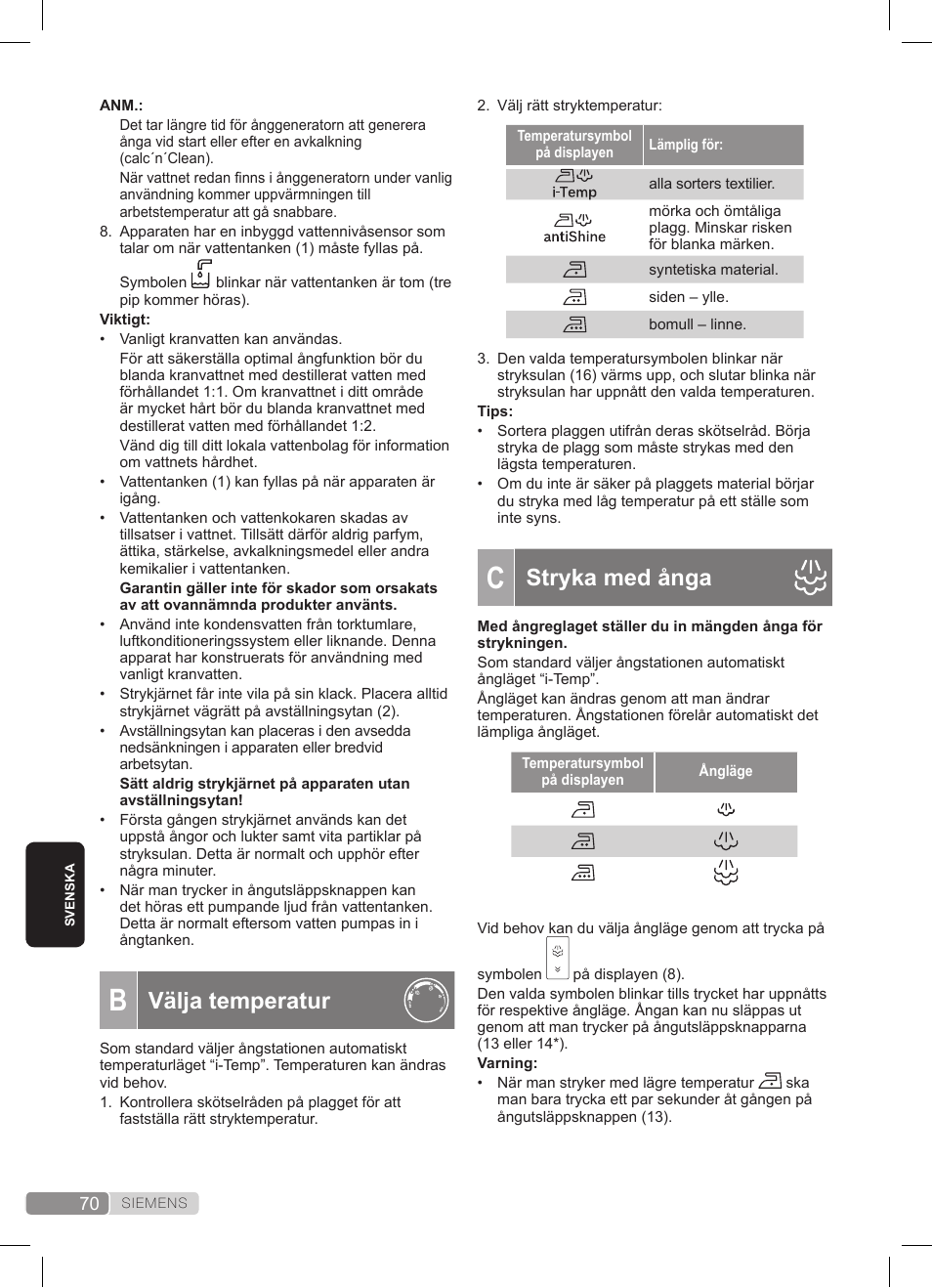 Stryka med ånga, Välja temperatur | Siemens TS45359 User Manual | Page 70 / 172