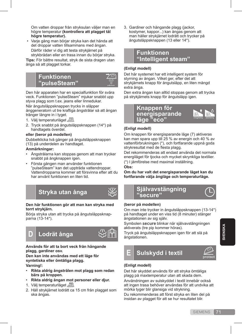 Funktionen “intelligent steam, Knappen för energisparande läge ”eco, Självavstängning ”secure | Sulskydd i textil, Funktionen ”pulsesteam, Stryka utan ånga, Lodrät ånga | Siemens TS45359 User Manual | Page 71 / 172