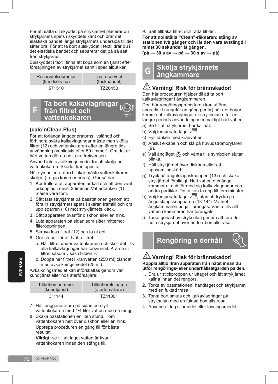 Skölja strykjärnets ångkammare, Rengöring o derhåll | Siemens TS45359 User Manual | Page 72 / 172