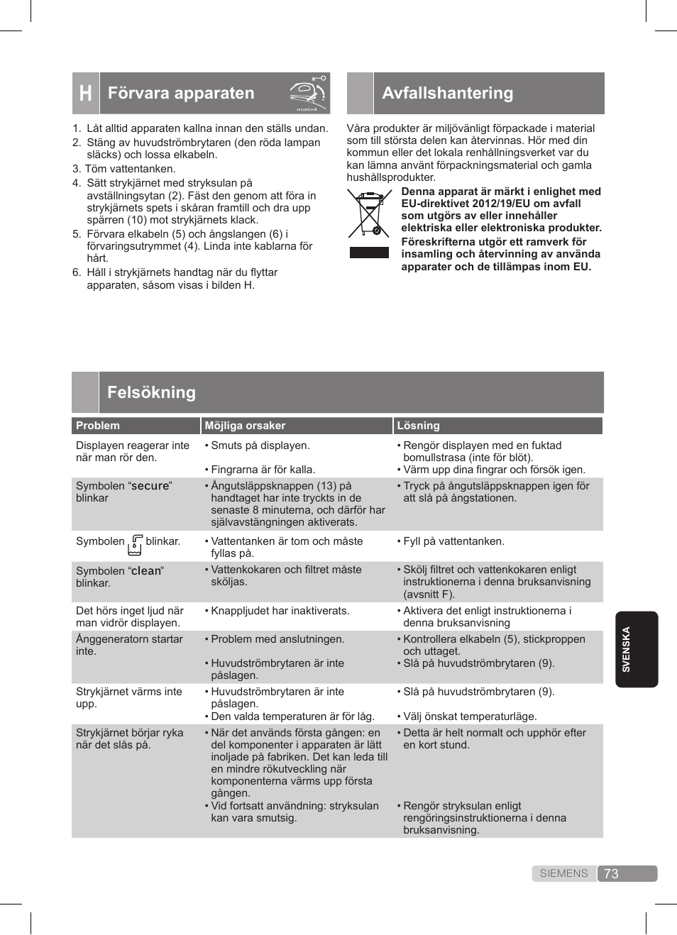 Avfallshantering, Förvara apparaten, Felsökning | Siemens TS45359 User Manual | Page 73 / 172