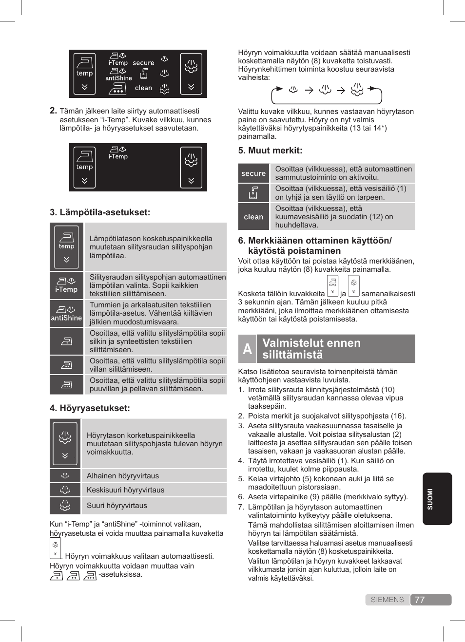 Valmistelut ennen silittämistä | Siemens TS45359 User Manual | Page 77 / 172