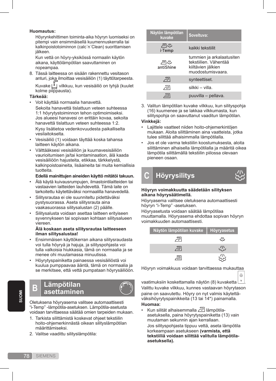 Höyrysilitys, Lämpötilan asettaminen | Siemens TS45359 User Manual | Page 78 / 172