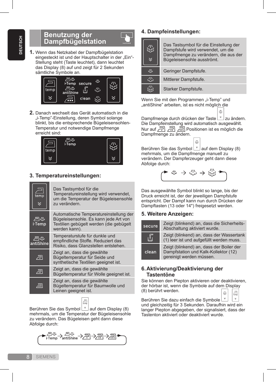 Benutzung der dampfbügelstation | Siemens TS45359 User Manual | Page 8 / 172