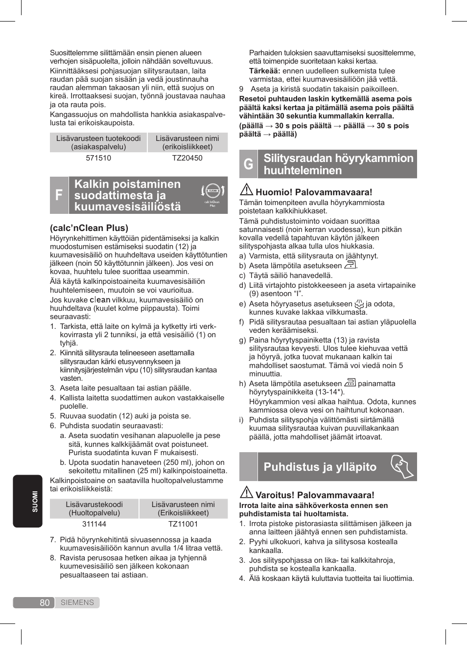 Silitysraudan höyrykammion huuhteleminen, Puhdistus ja ylläpito | Siemens TS45359 User Manual | Page 80 / 172