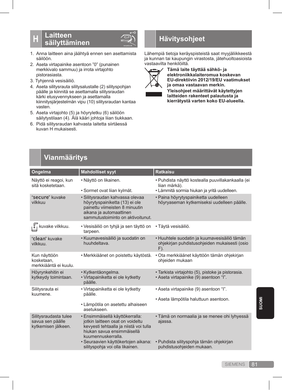 Hävitysohjeet, Laitteen säilyttäminen, Vianmääritys | Siemens TS45359 User Manual | Page 81 / 172